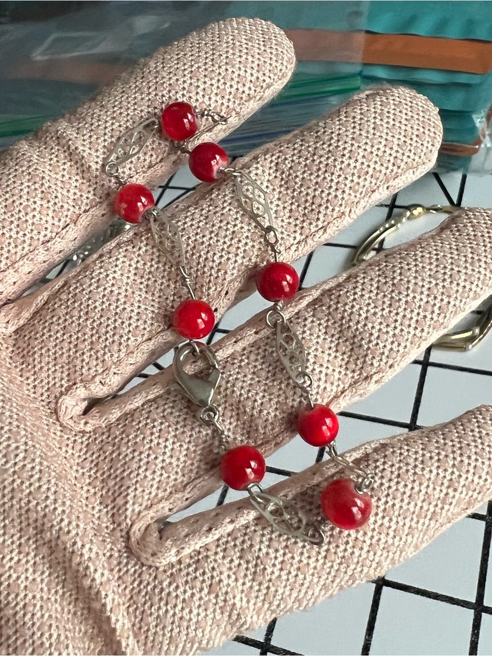 Vintage Red Beaded Silver Tone Link Chain Bracelet Bohemian Chic